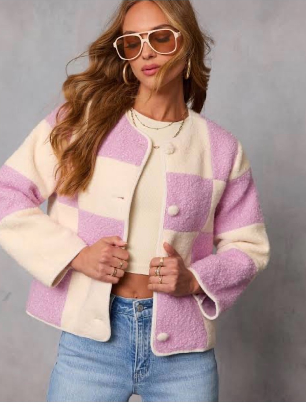 English Factory Cream & Lilac Check Teddy Bouclé Jacket